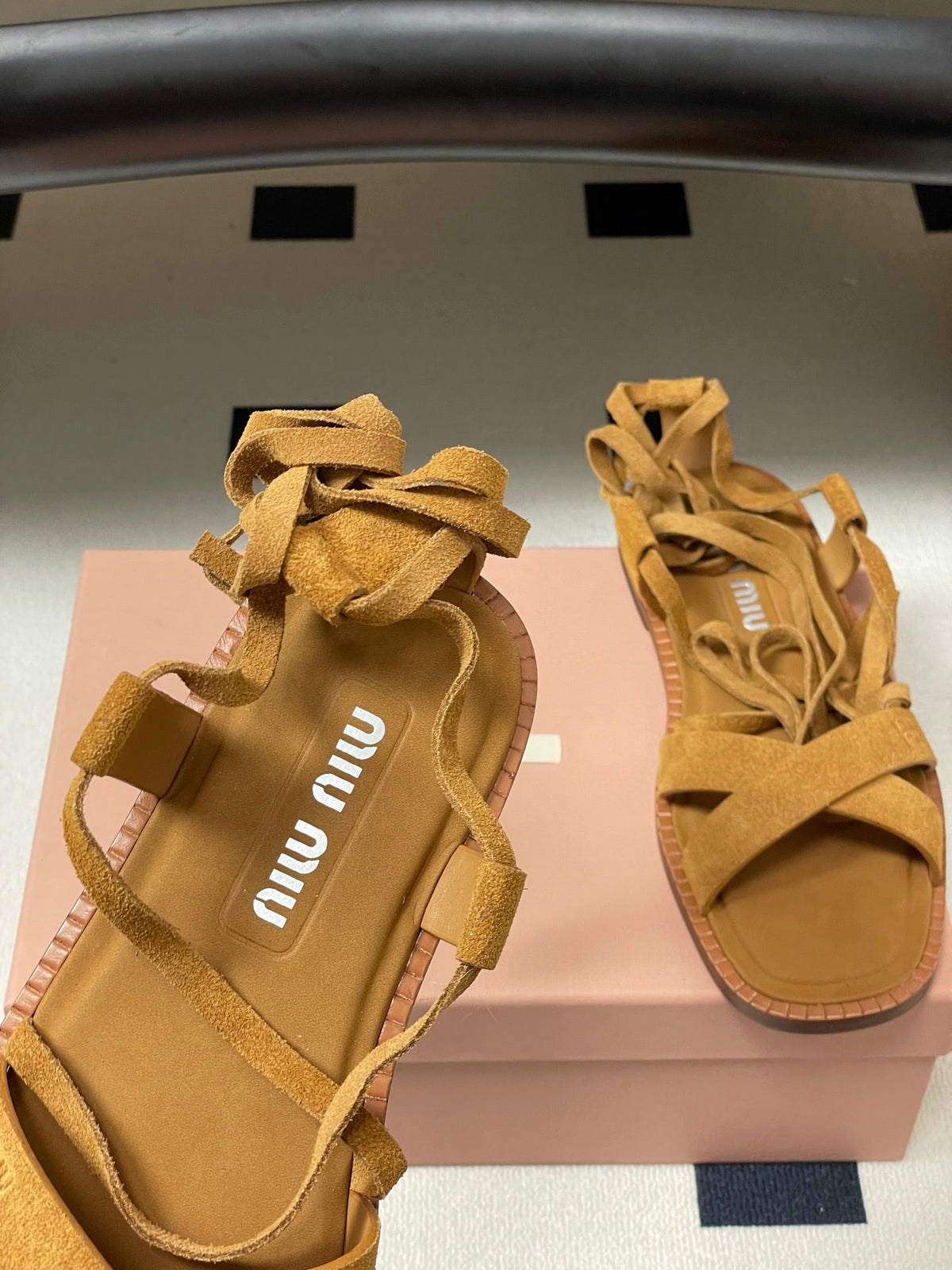 Miu Strappy Sandals Tan Brown Suede 834948