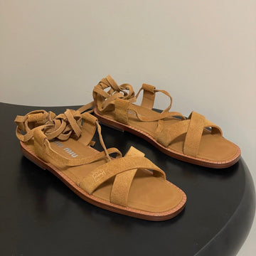 Miu Strappy Sandals Tan Brown Suede 834948