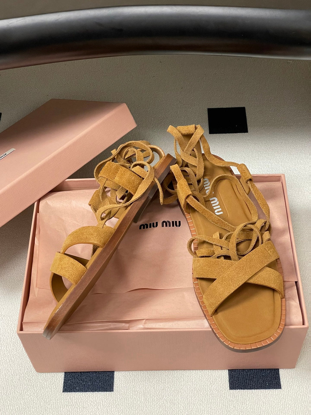 Miu Strappy Sandals Tan Brown Suede 834948