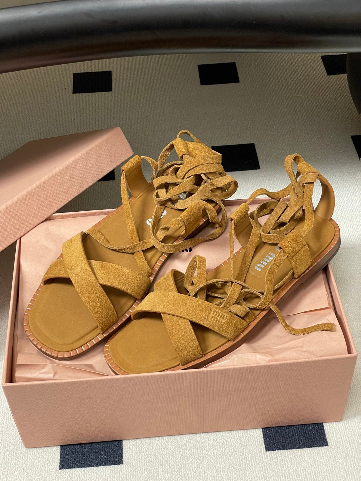 Miu Strappy Sandals Tan Brown Suede 834948