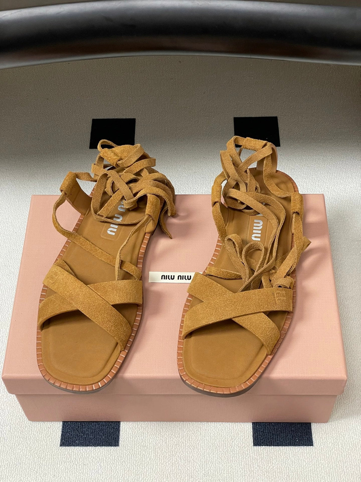 Miu Strappy Sandals Tan Brown Suede 834948