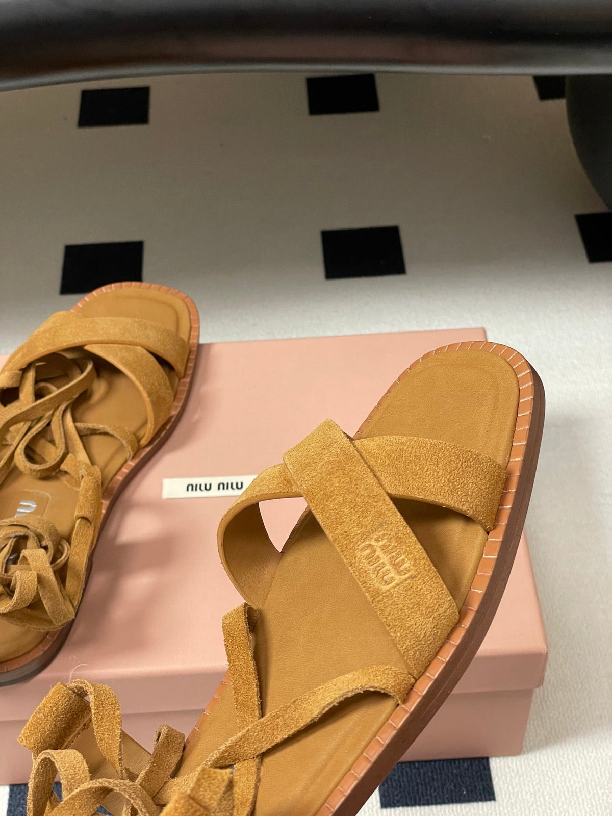 Miu Strappy Sandals Tan Brown Suede 834948
