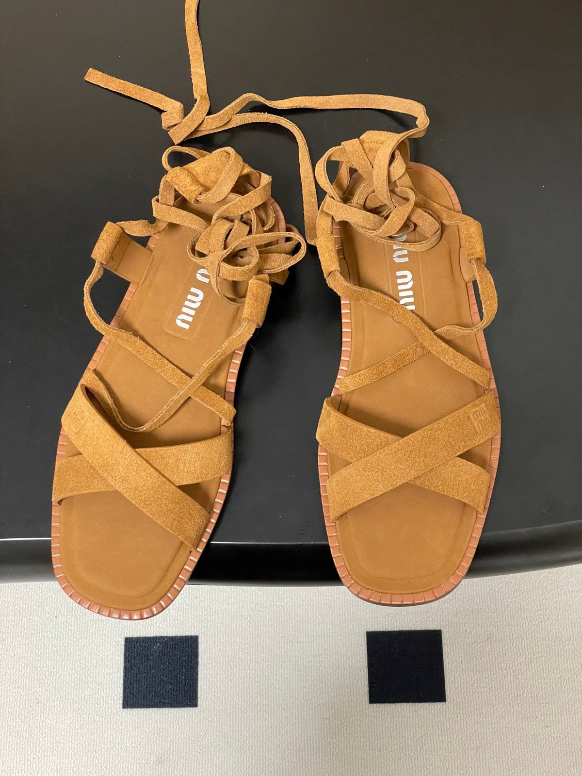 Miu Strappy Sandals Tan Brown Suede 834948