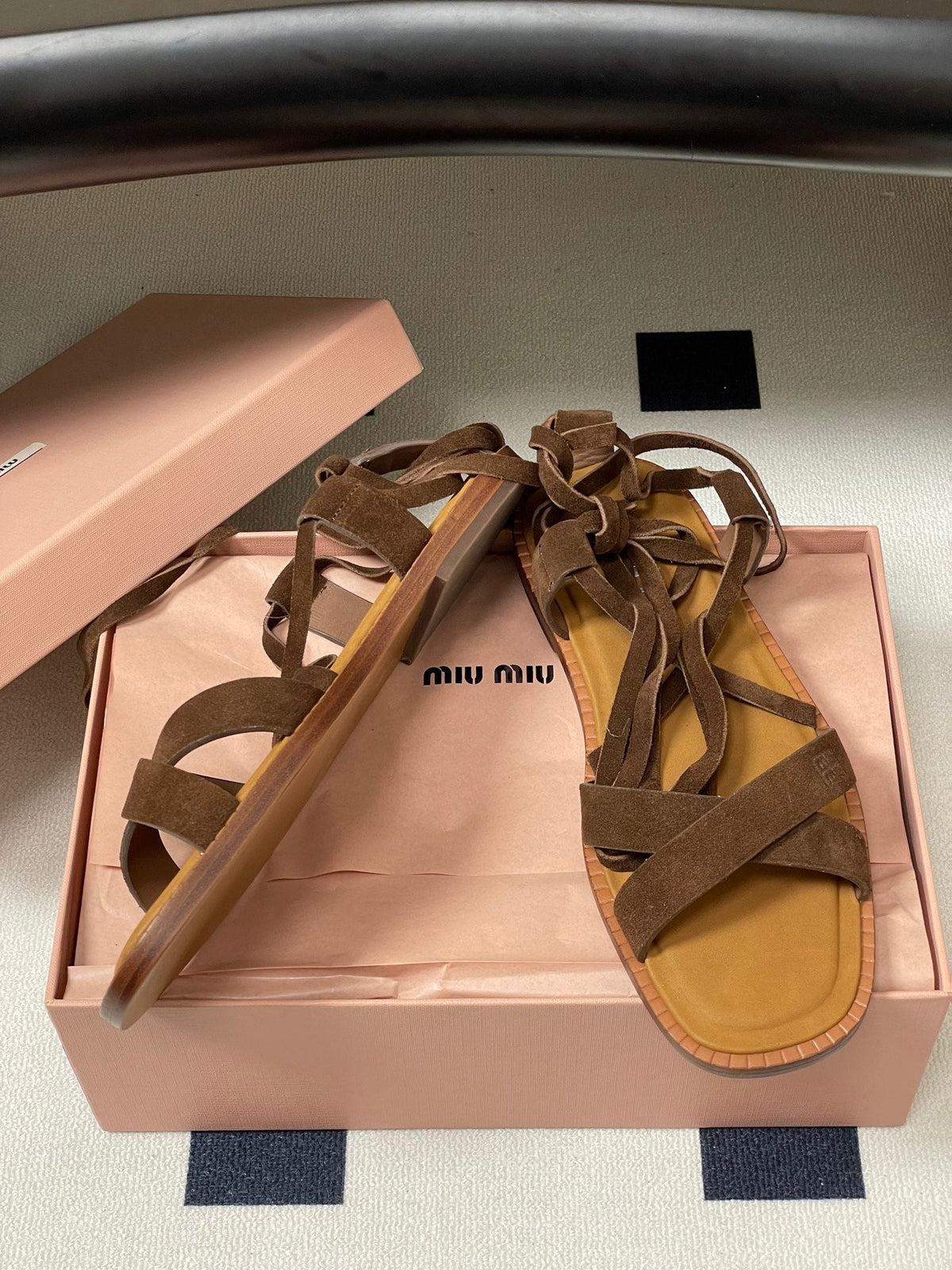 Miu Strappy Sandals Cocoa Brown Suede 834949
