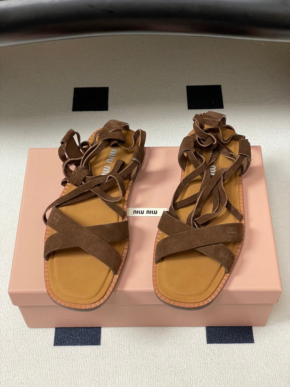 Miu Strappy Sandals Cocoa Brown Suede 834949