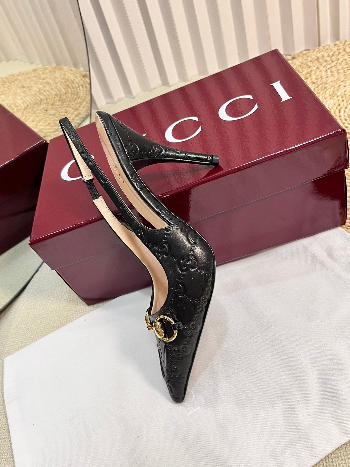 GC Horsebit Slingback Pump 100mm Black Embossed Sheepskin 294581