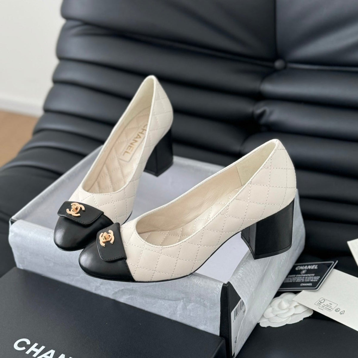 cc classic ballet flat with heel white quilted calfskin