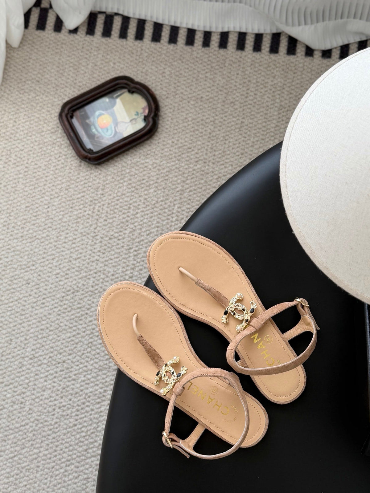 CC Strappy Sandals Beige Suede Sheepskin 670393
