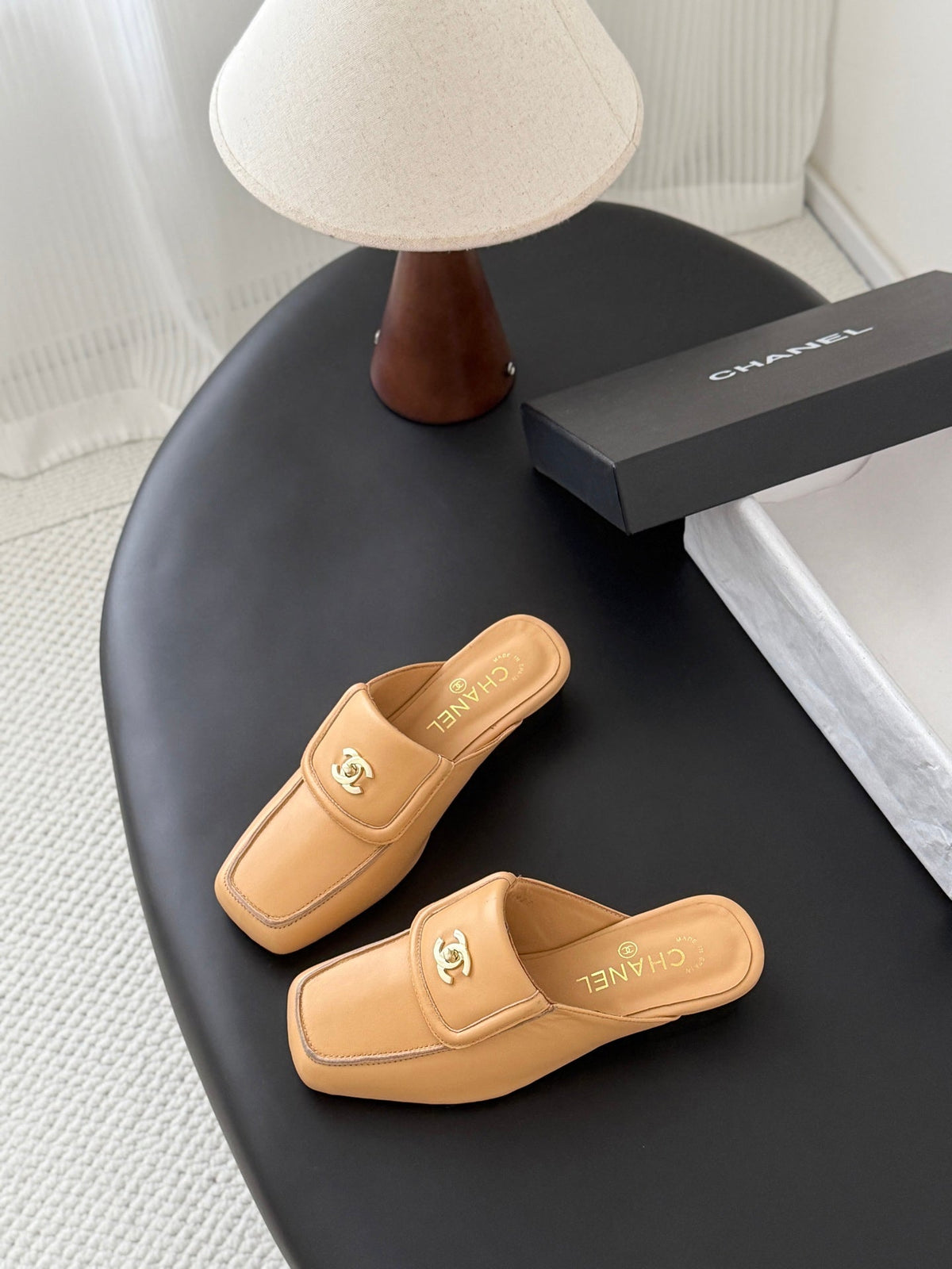 CC Half-Slippers Flat Beige Calfskin 717814