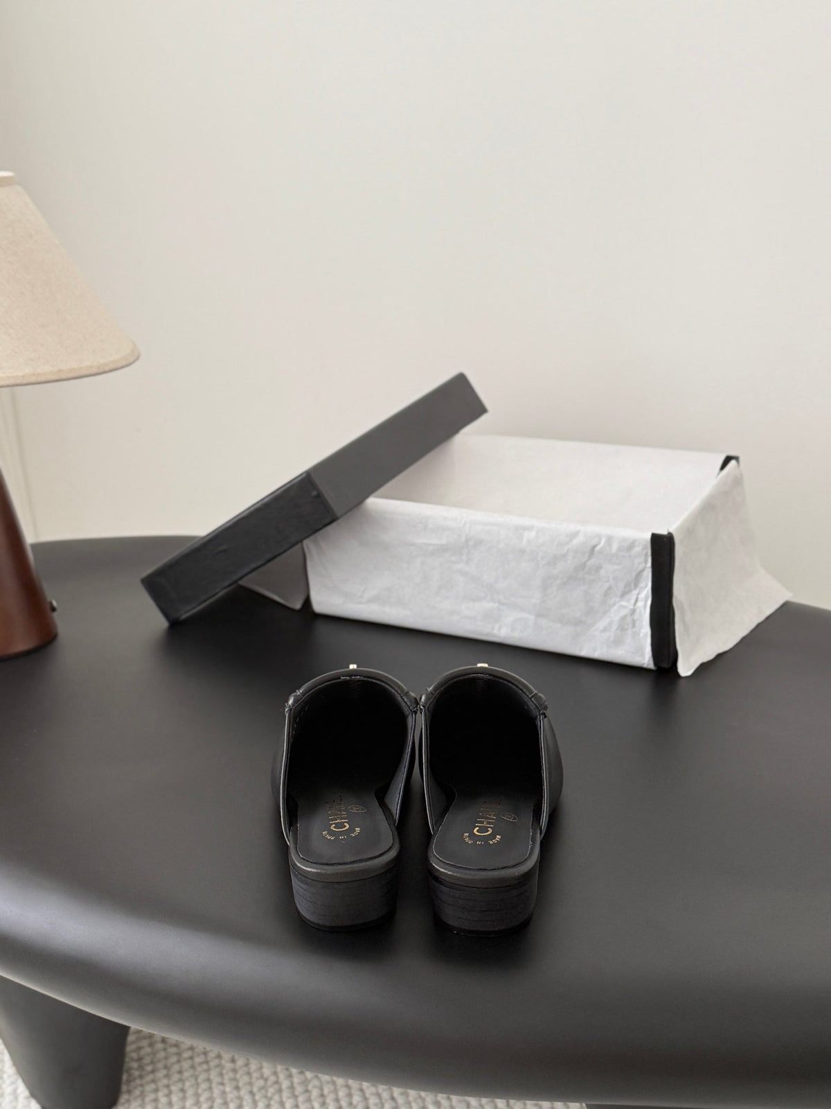 CC Half-Slippers Flat Black Calfskin 717815