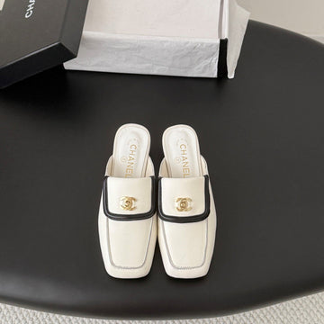 CC Half-Slippers Flat Black White Calfskin 717817