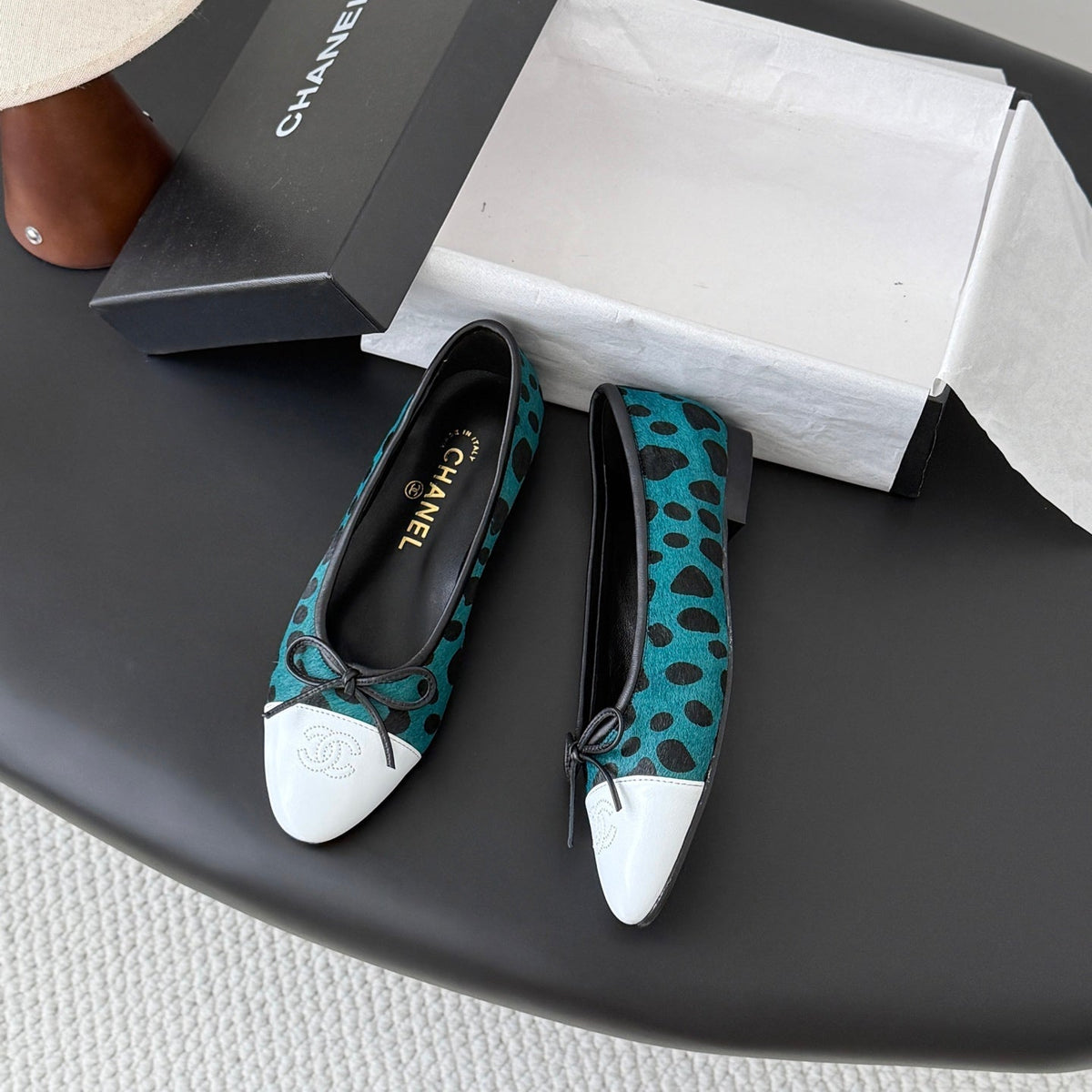 CC 26s Ballerina Flats Black Teal Green Pony Hair Calfskin 914547