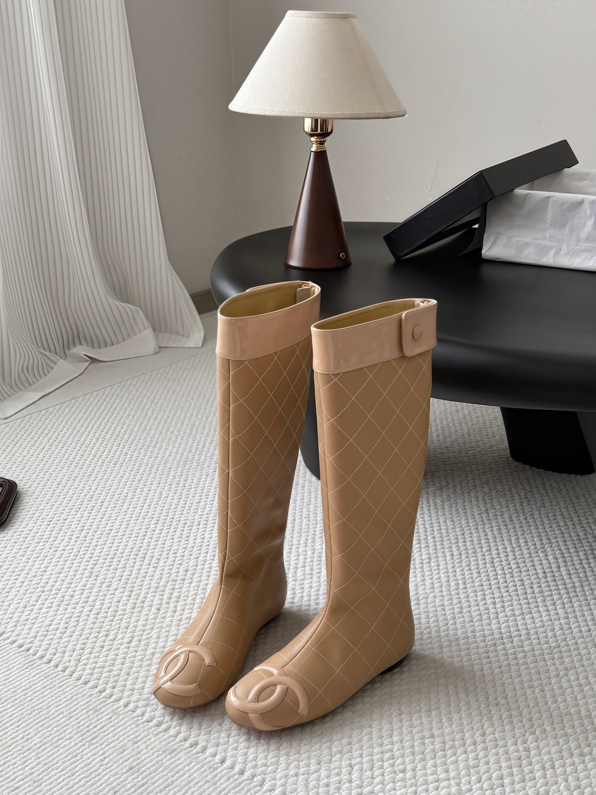 CC 26s Cambon Quilted Tall Flat Boots Beige Calfskin 969724