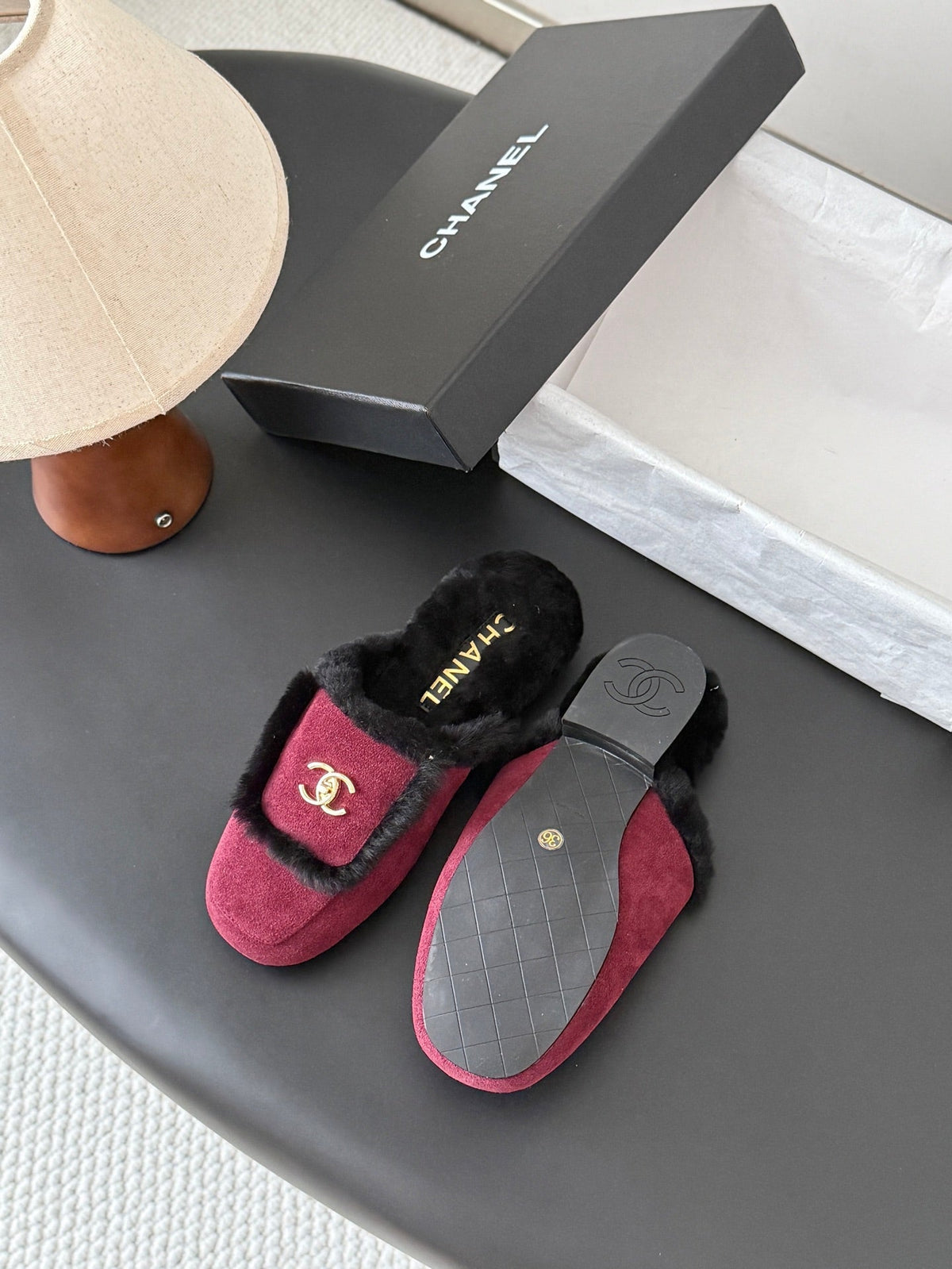 CC 26s Slip-On Mules Red Black Fluffy Shearling Suede 969727