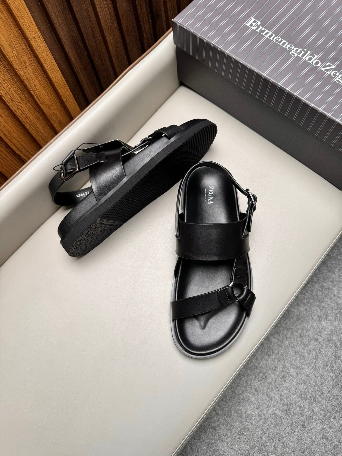 Zegna Men's Sandals Black Glossy Calfskin 175817