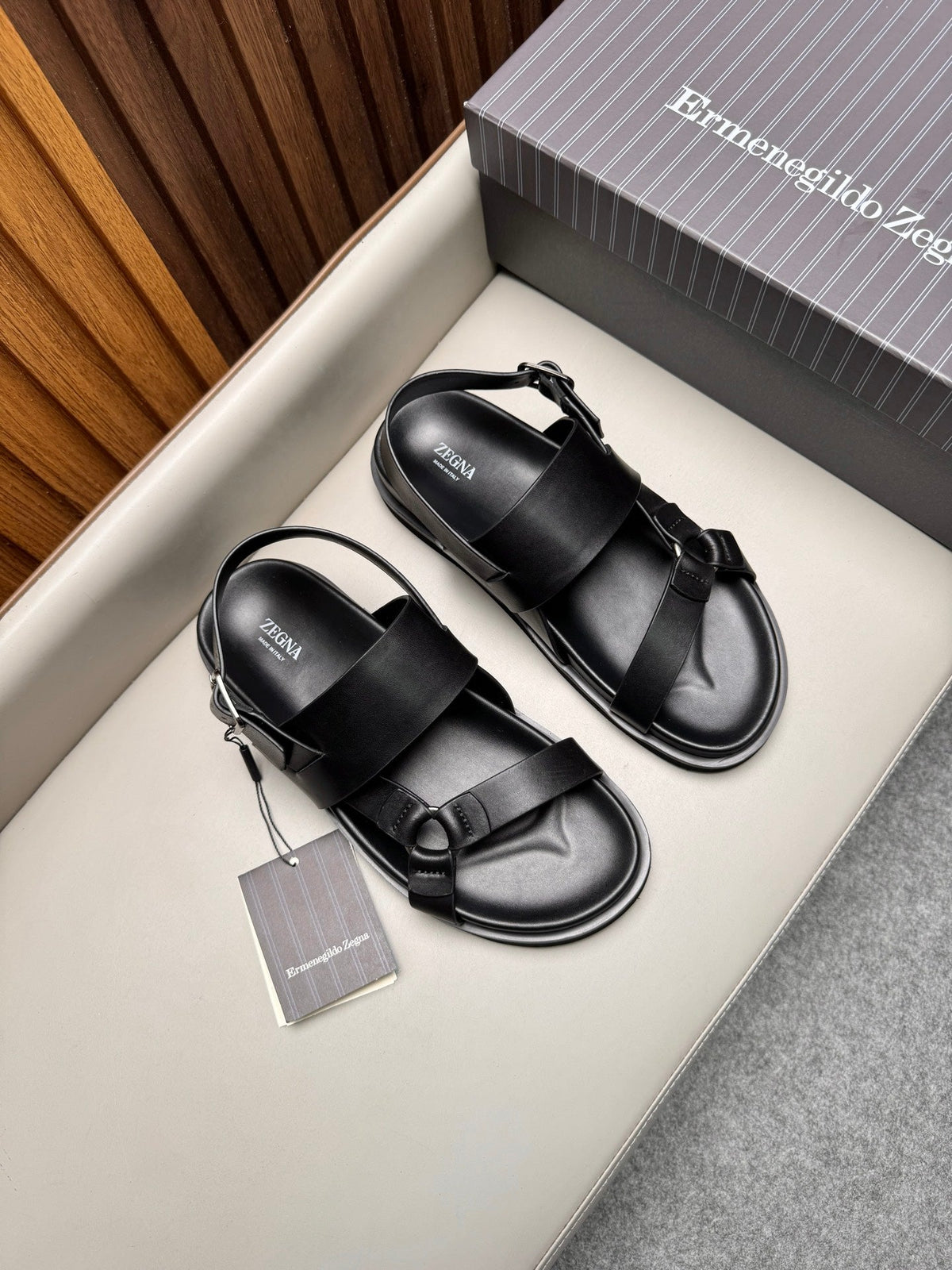 Zegna Men's Sandals Black Glossy Calfskin 175817