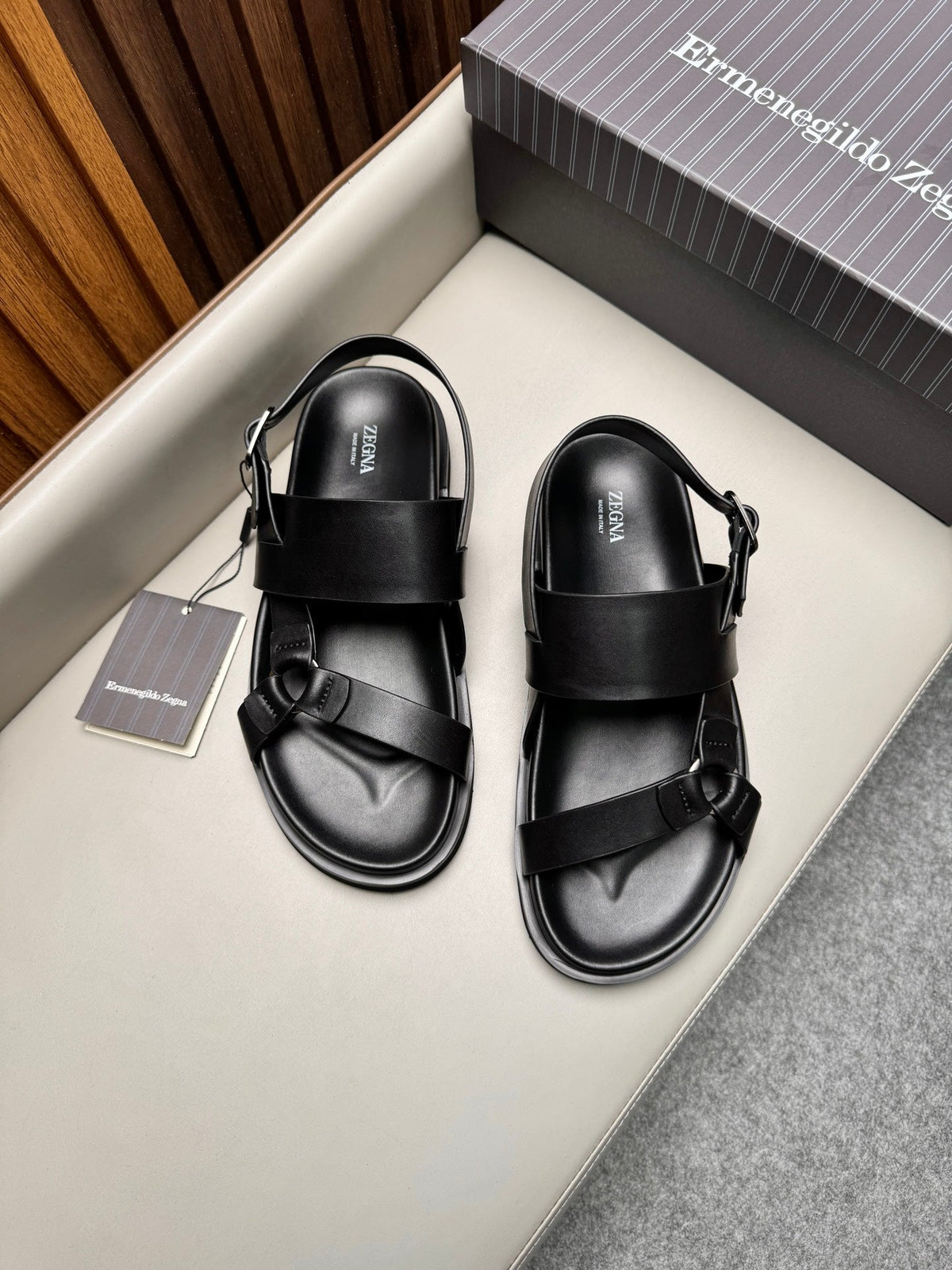 Zegna Men's Sandals Black Glossy Calfskin 175817