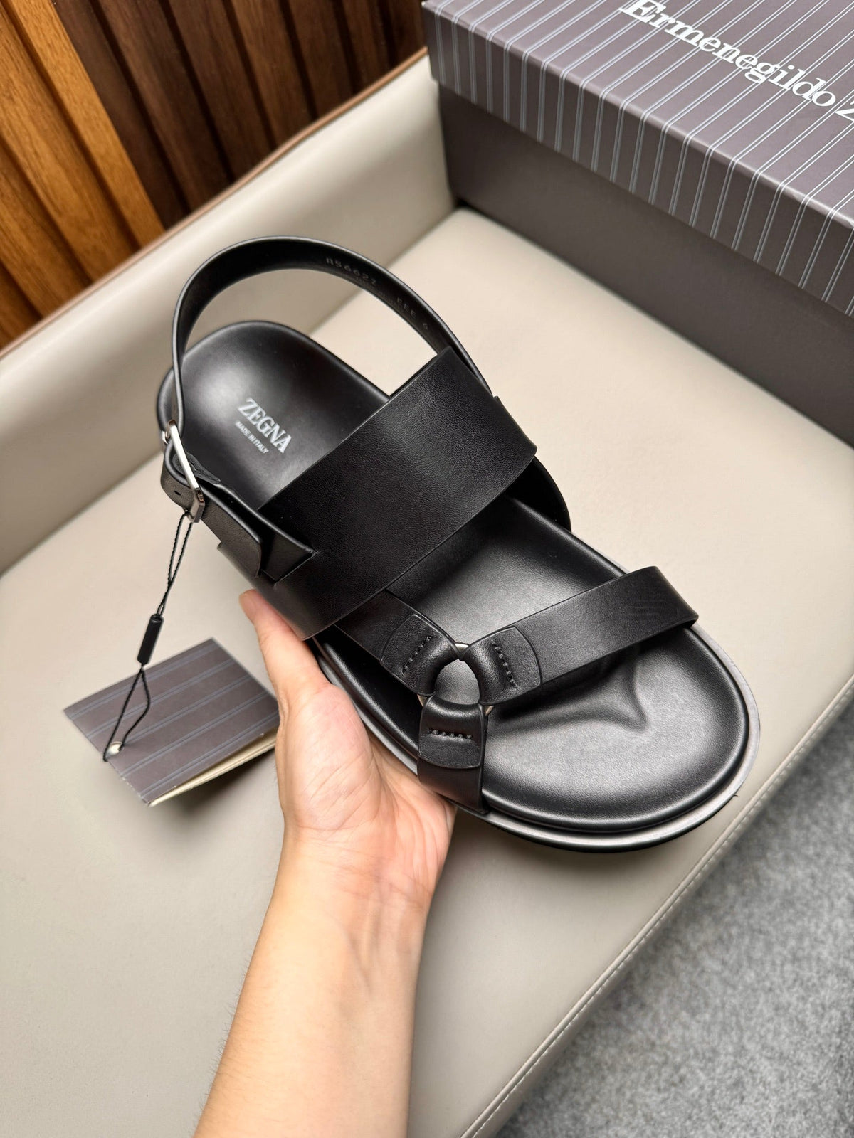 Zegna Men's Sandals Black Glossy Calfskin 175817