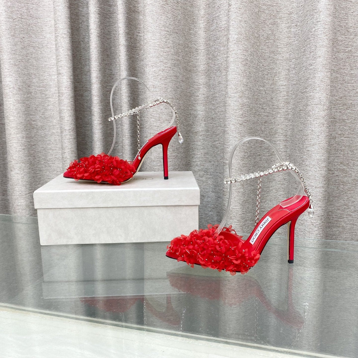 Jimmy Choo Saeda Pumps Red Mesh Lambskin 668534