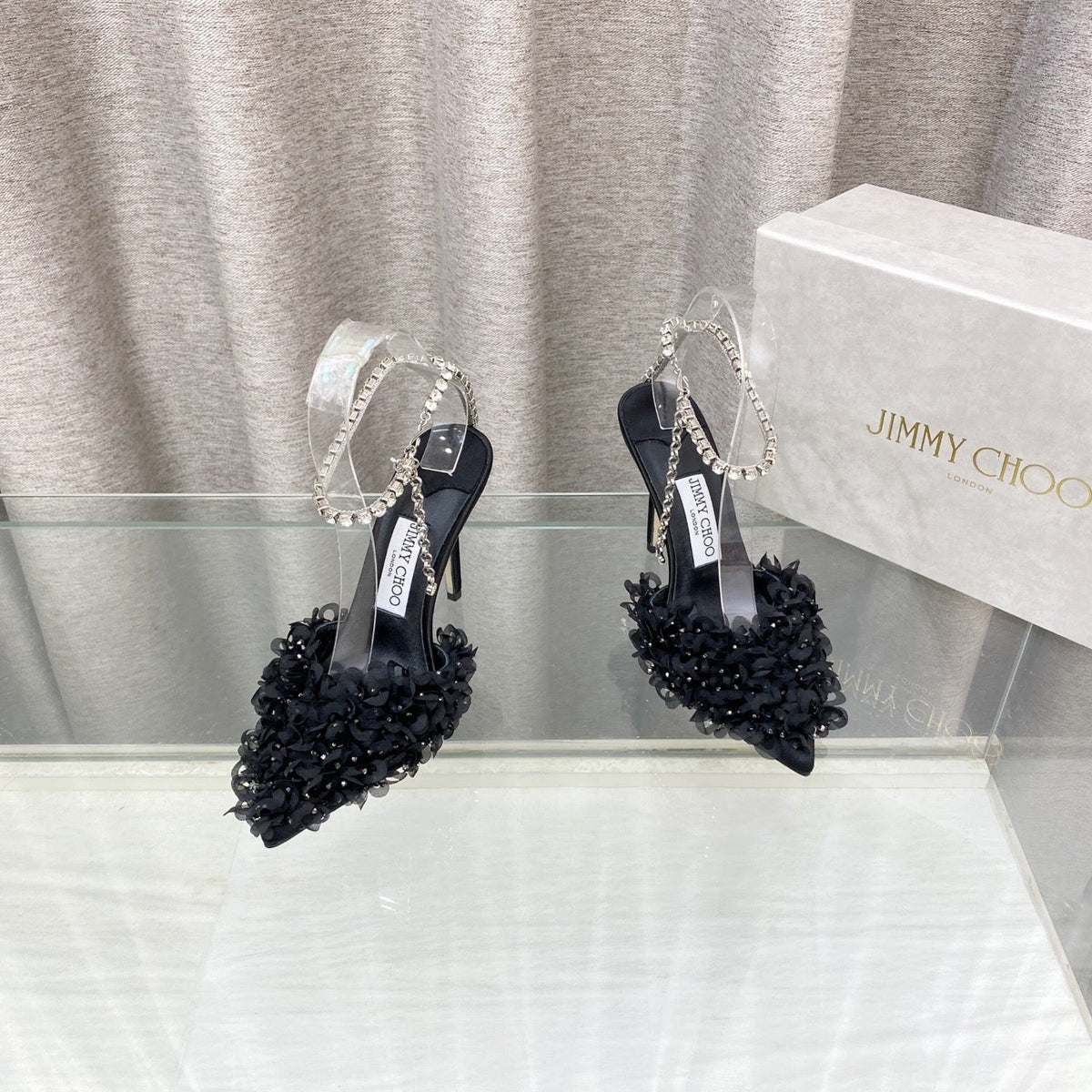Jimmy Choo Saeda Pumps Black Mesh Lambskin 668535
