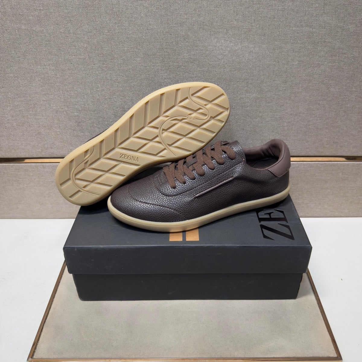 Zegna 232 Men's Sneakers Dark Brown Grain Leather 178306
