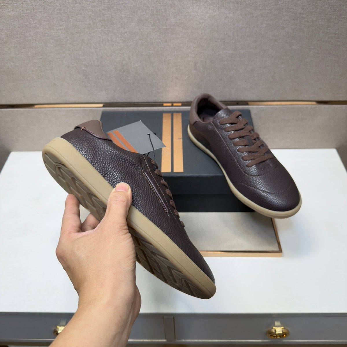 Zegna 232 Men's Sneakers Dark Brown Grain Leather 178306