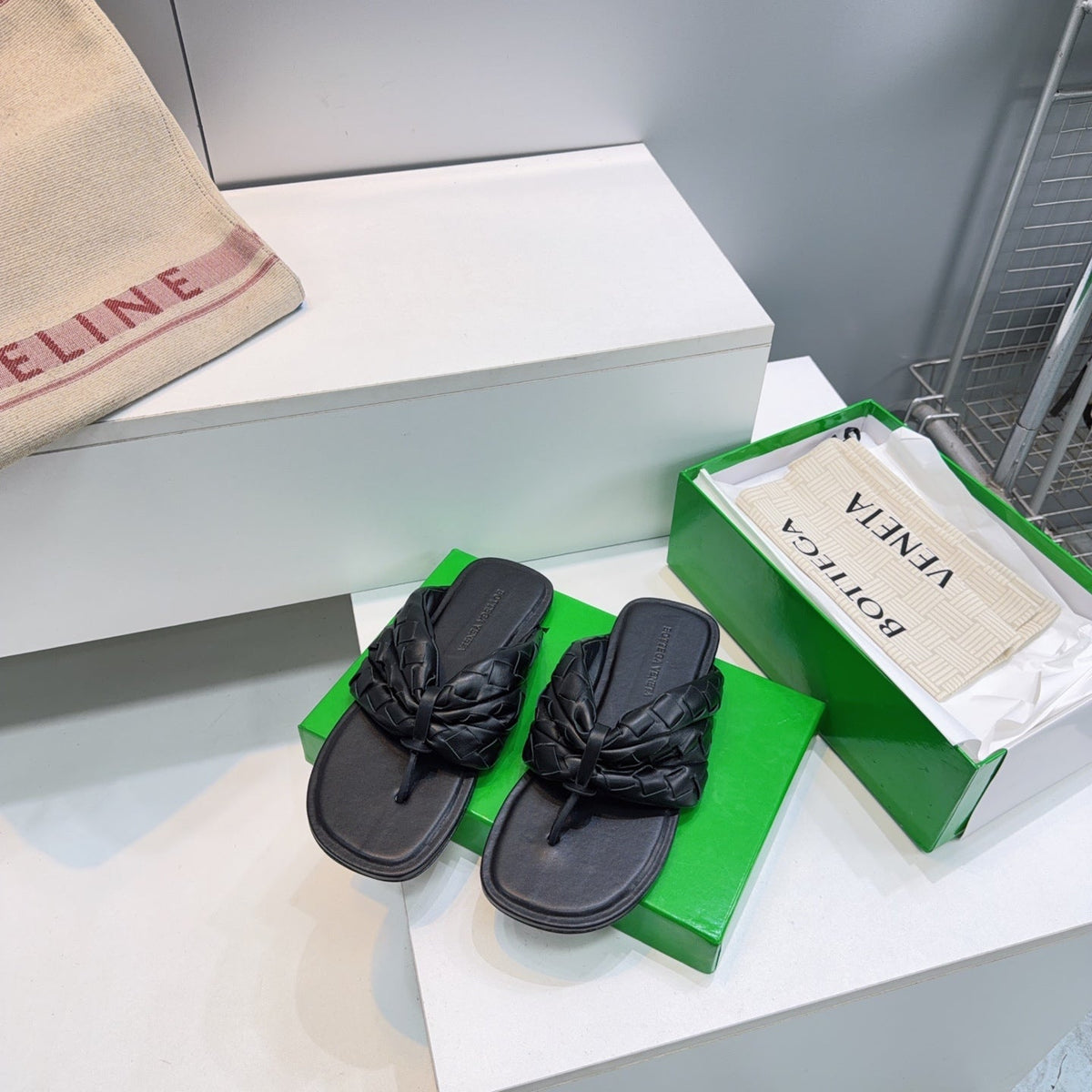 BV Salsa Flat Thong Black Intrecciato Leather 842949