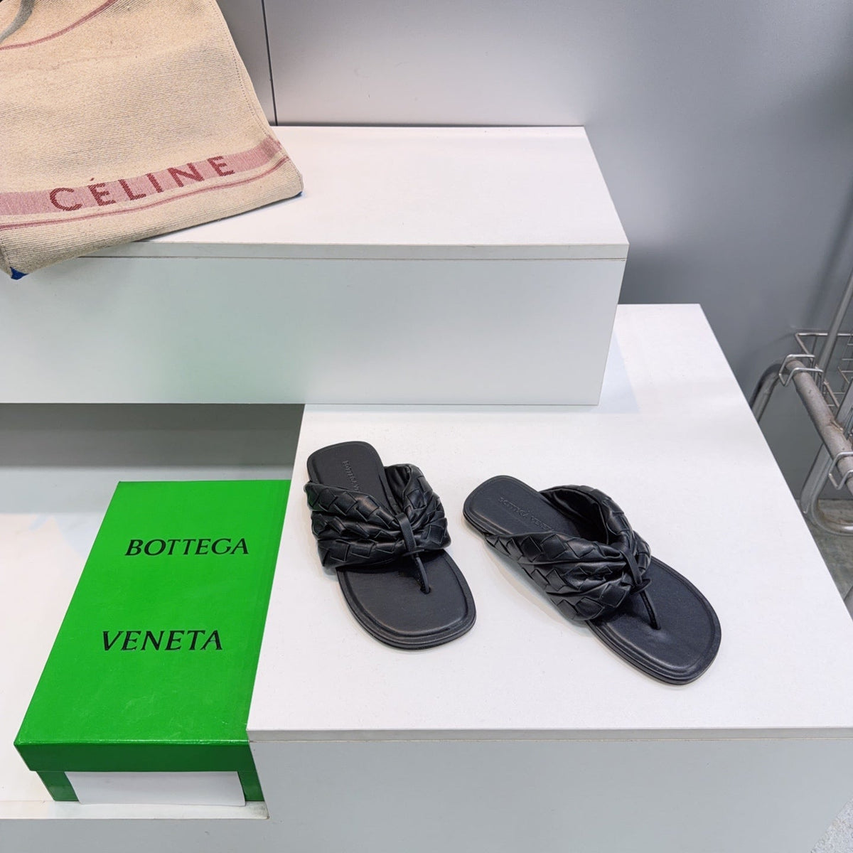 BV Salsa Flat Thong Black Intrecciato Leather 842949