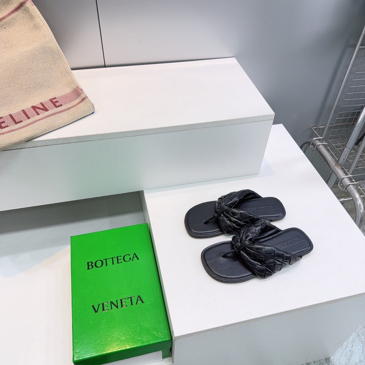BV Salsa Flat Thong Black Intrecciato Leather 842949