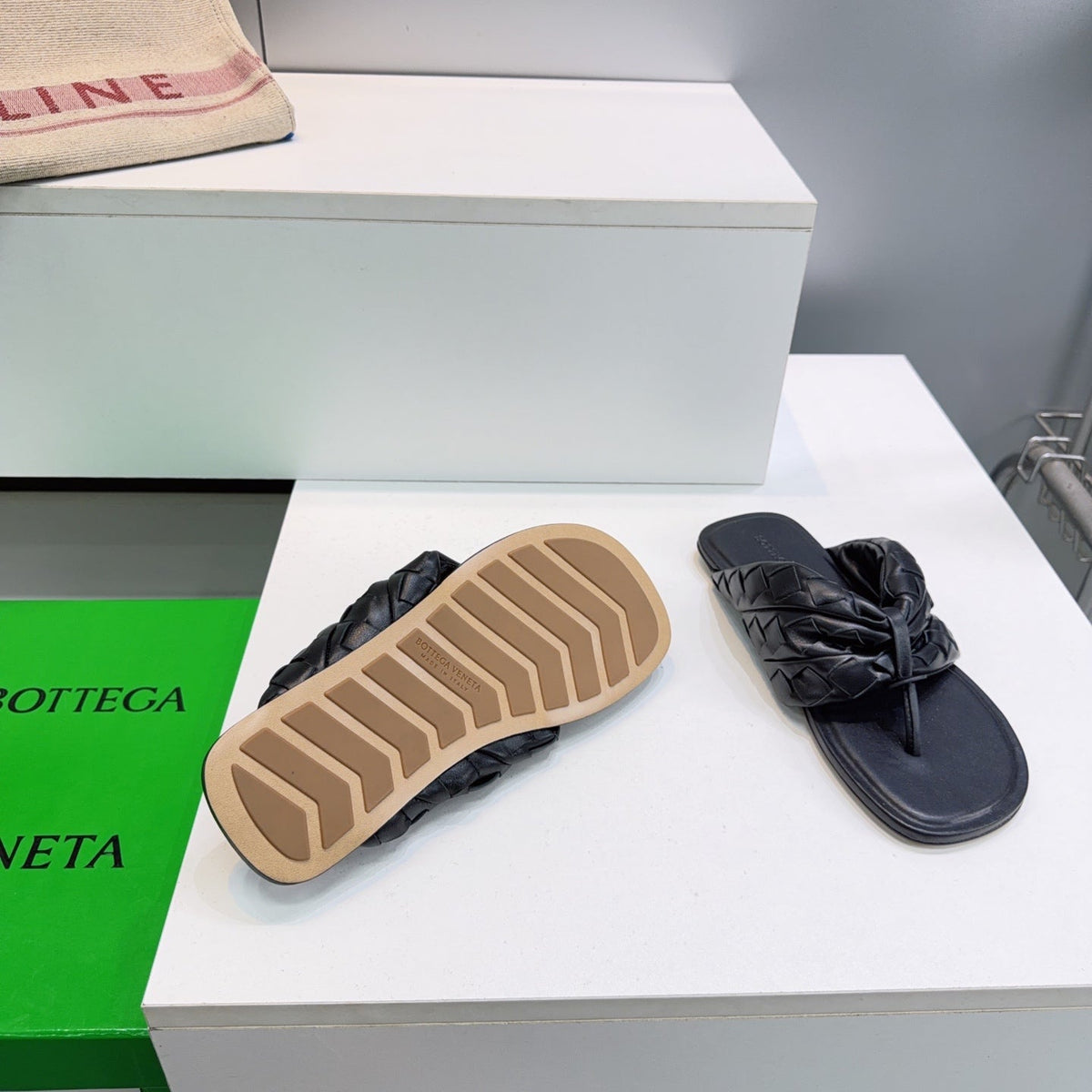 BV Salsa Flat Thong Black Intrecciato Leather 842949