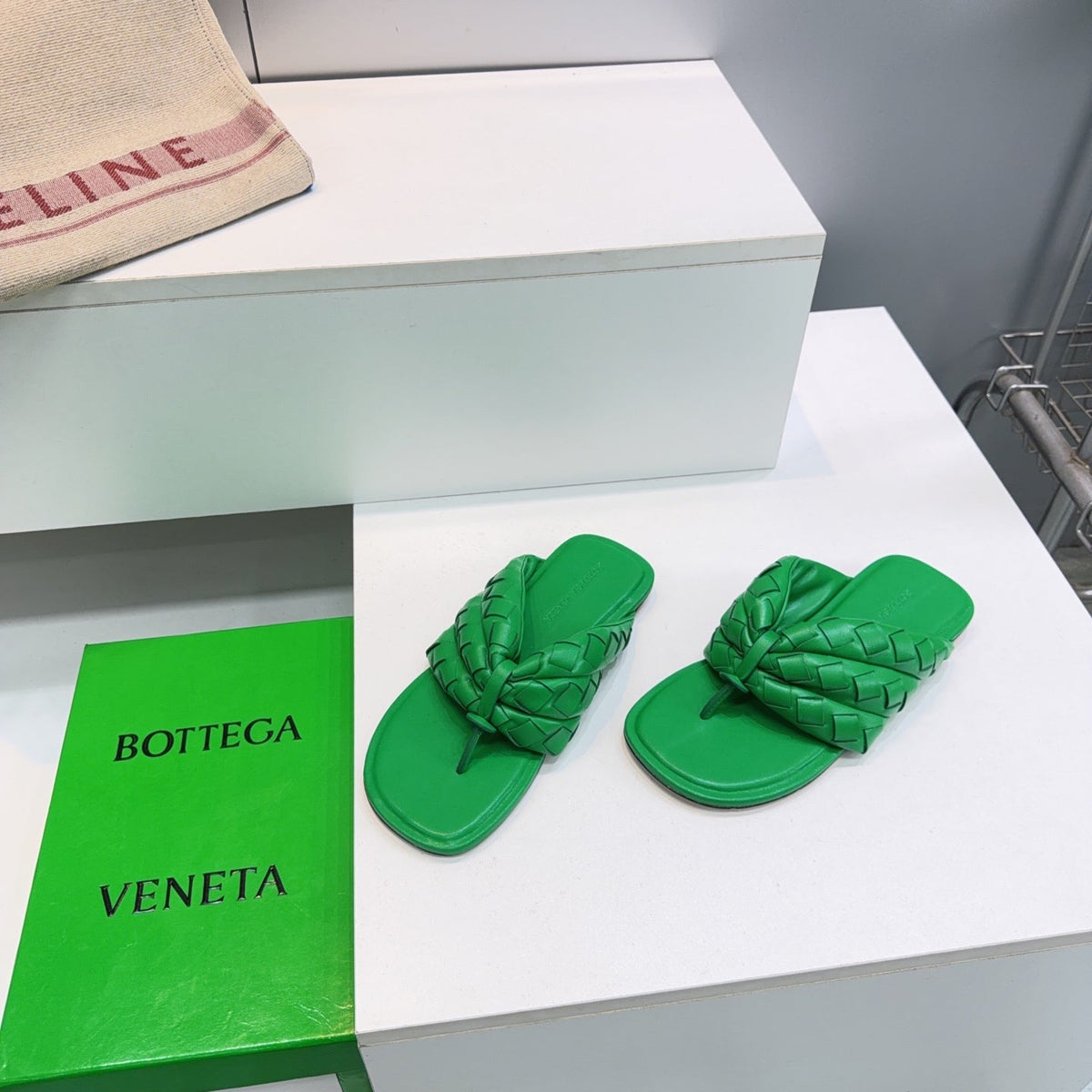 BV Salsa Flat Thong Green Intrecciato Leather 842949