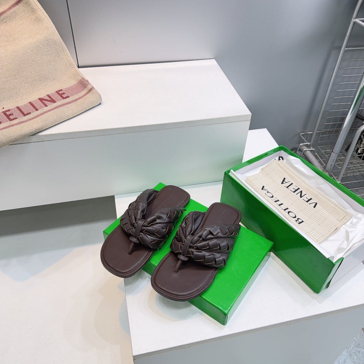 BV Salsa Flat Thong Chocolate Intrecciato Leather 842949