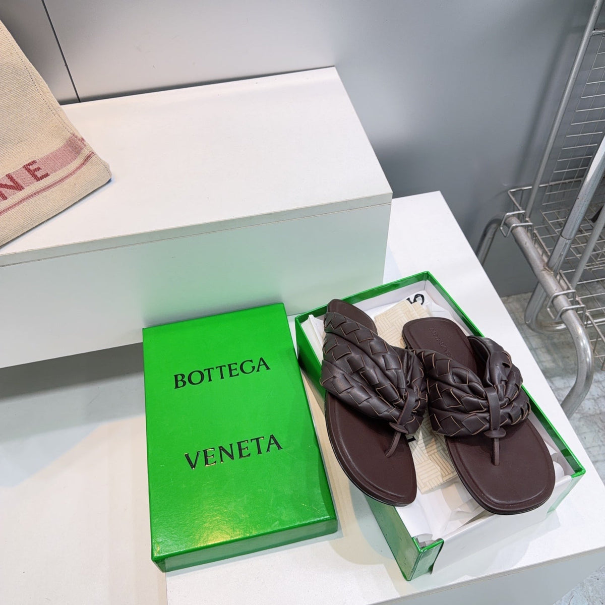 BV Salsa Flat Thong Chocolate Intrecciato Leather 842949
