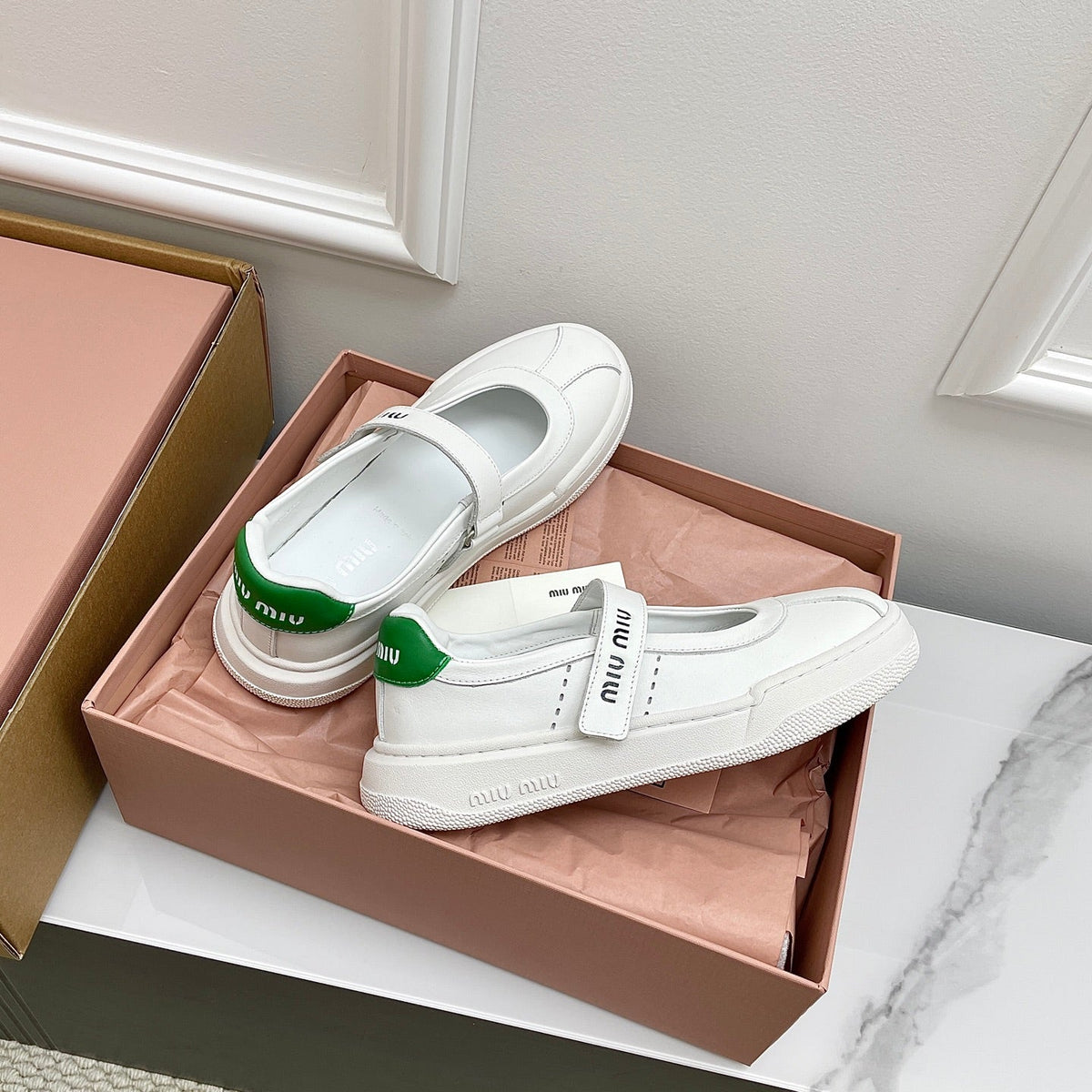Miu 26s Mary Jane Ballerinas Green White Calfskin 726831