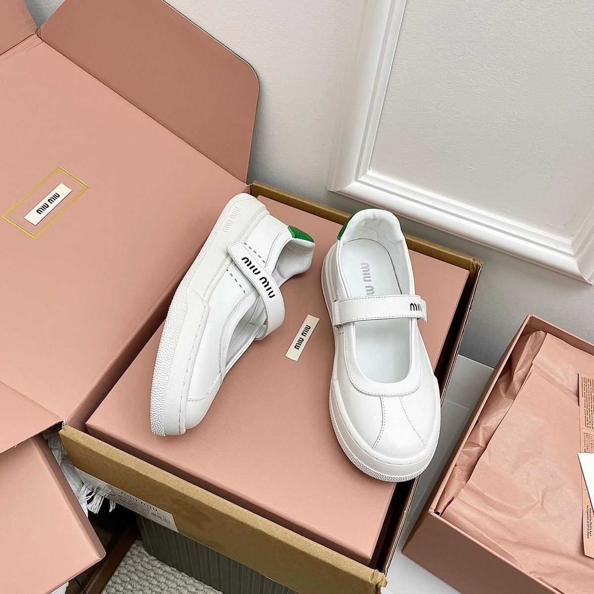 Miu 26s Mary Jane Ballerinas Green White Calfskin 726831
