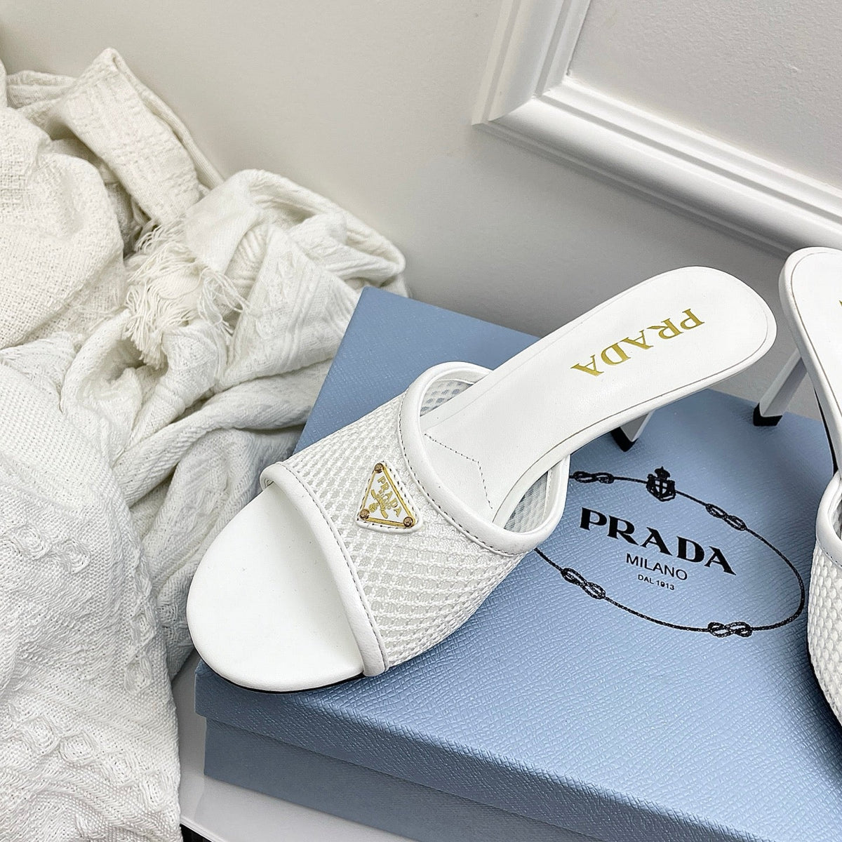 Prada 26s Mules White Mesh Leather 726970