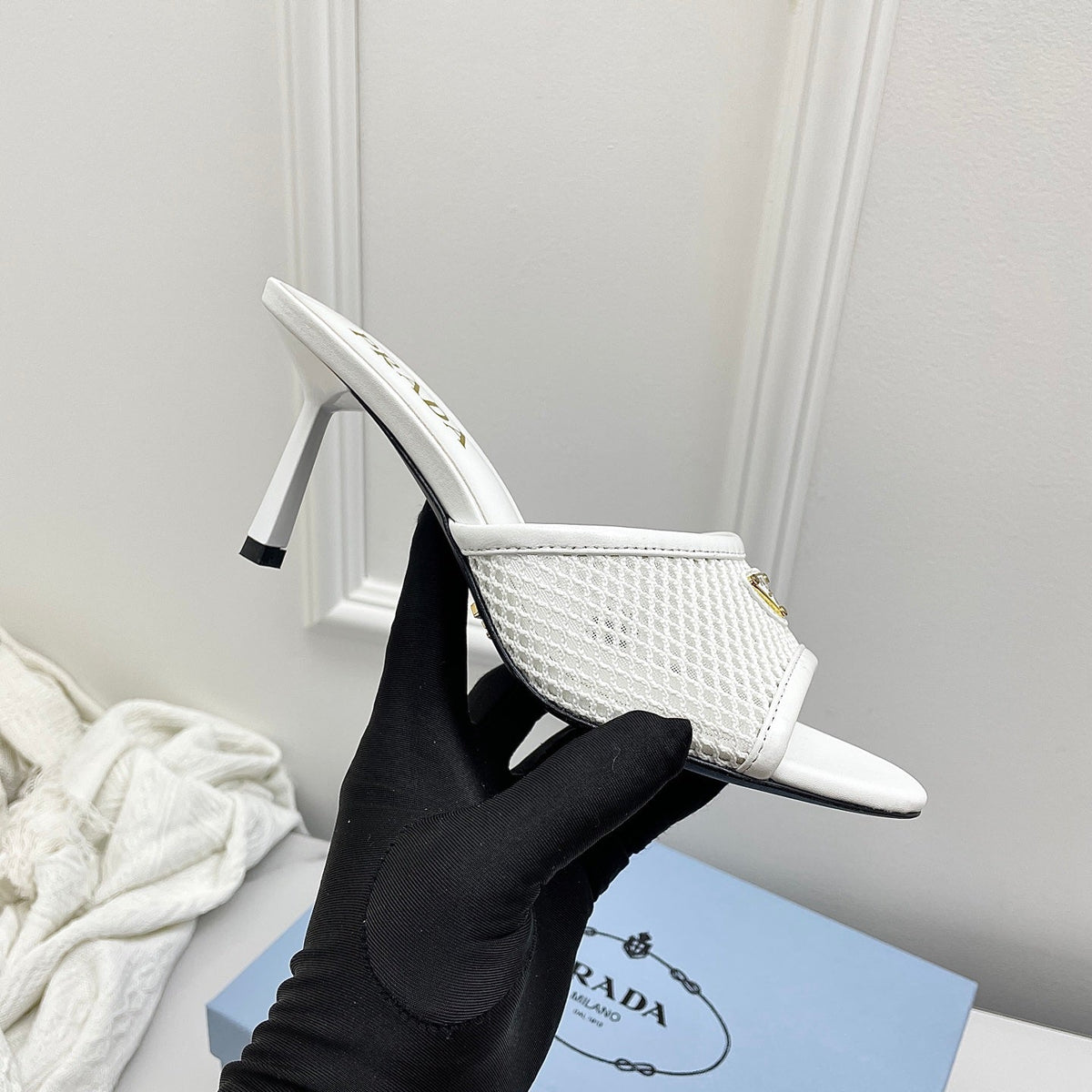 Prada 26s Mules White Mesh Leather 726970