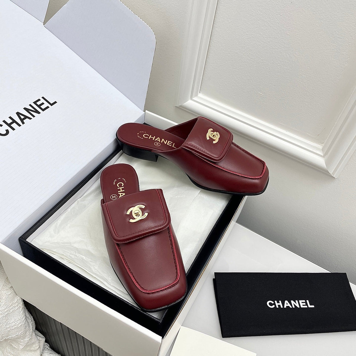 CC Double C Buckle Square Mules Burgundy Sheepskin 726525