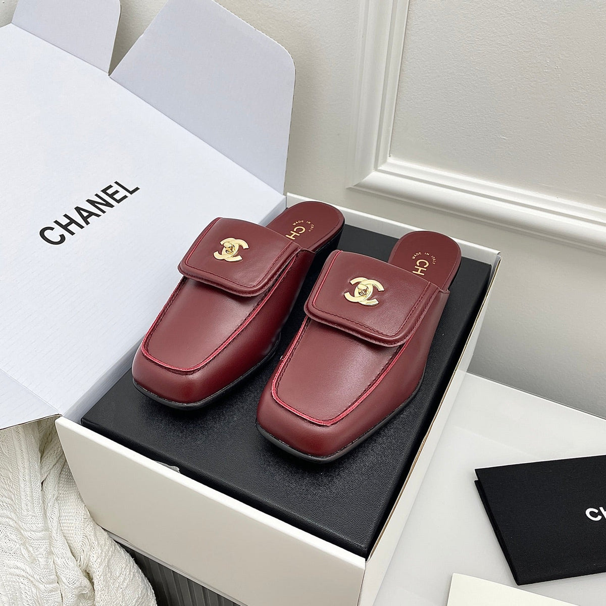 CC Double C Buckle Square Mules Burgundy Sheepskin 726525