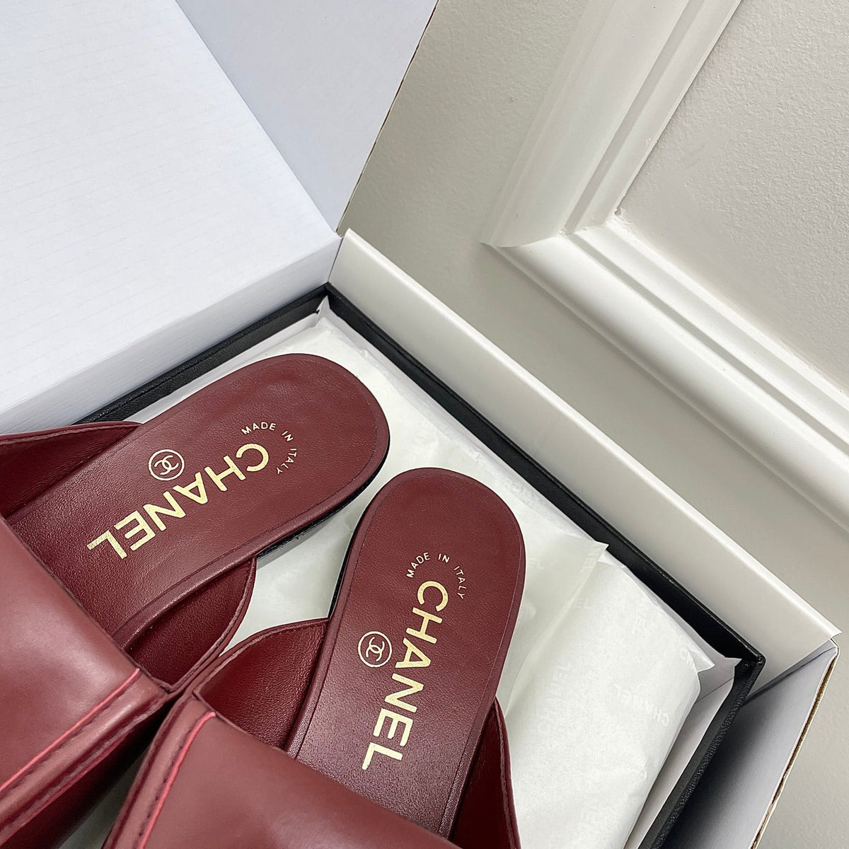 CC Double C Buckle Square Mules Burgundy Sheepskin 726525