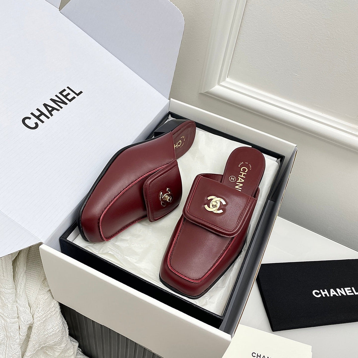 CC Double C Buckle Square Mules Burgundy Sheepskin 726525