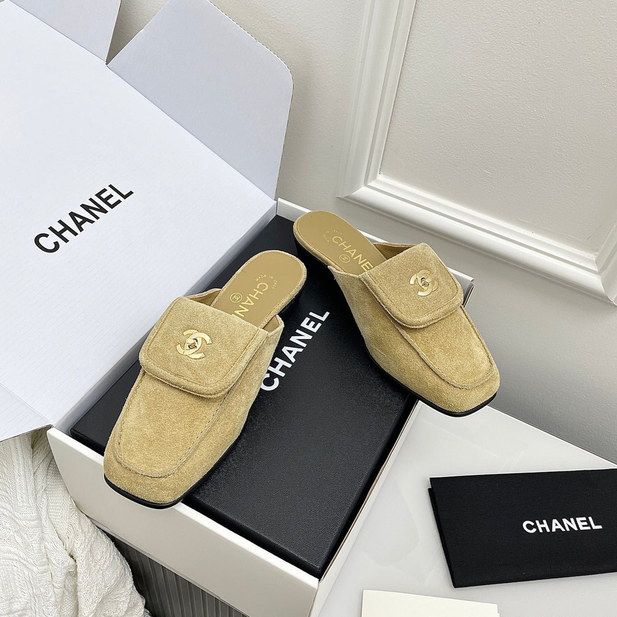 CC Double C Buckle Square Mules Khahi Suede 726528