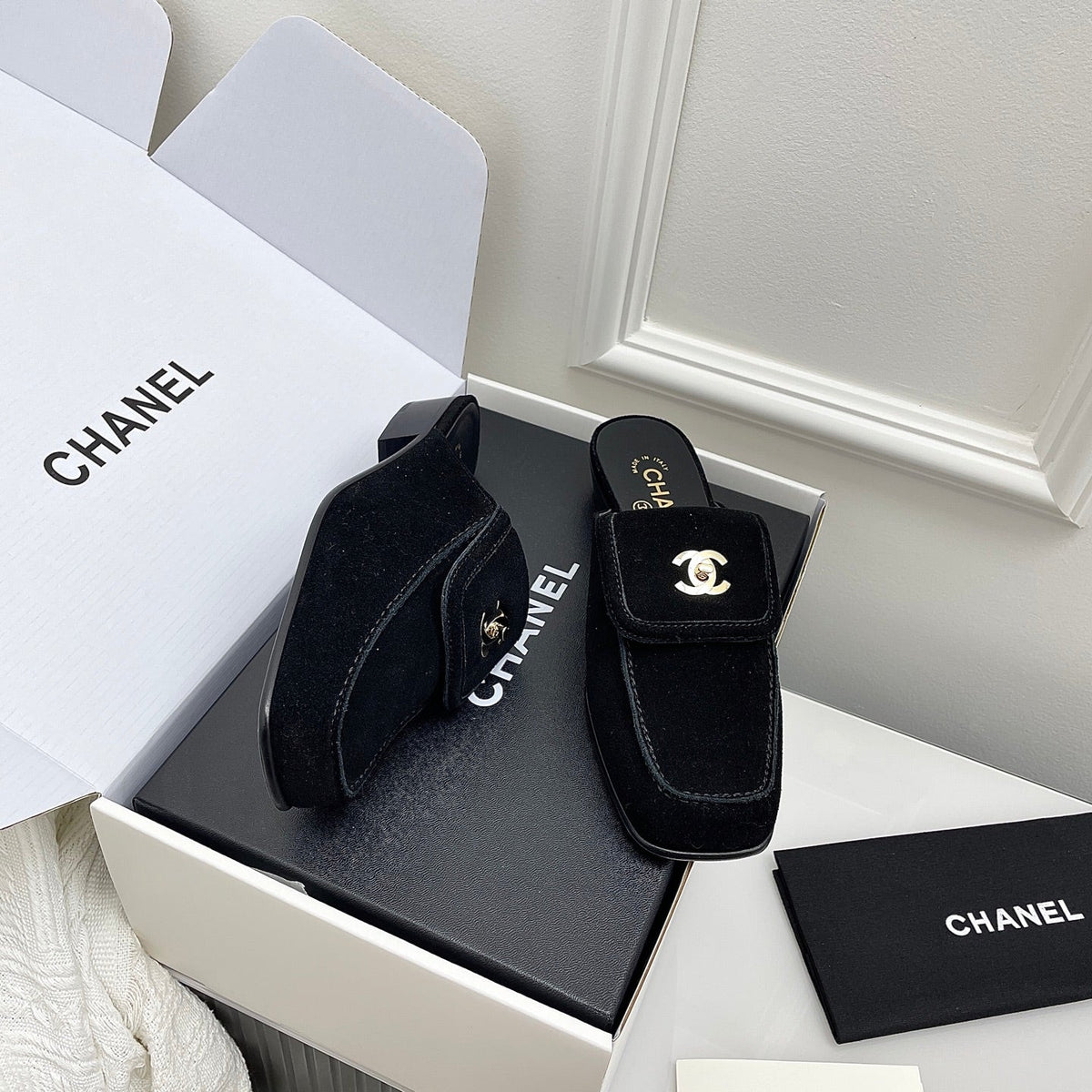 CC Double C Buckle Square Mules Black Suede 726529