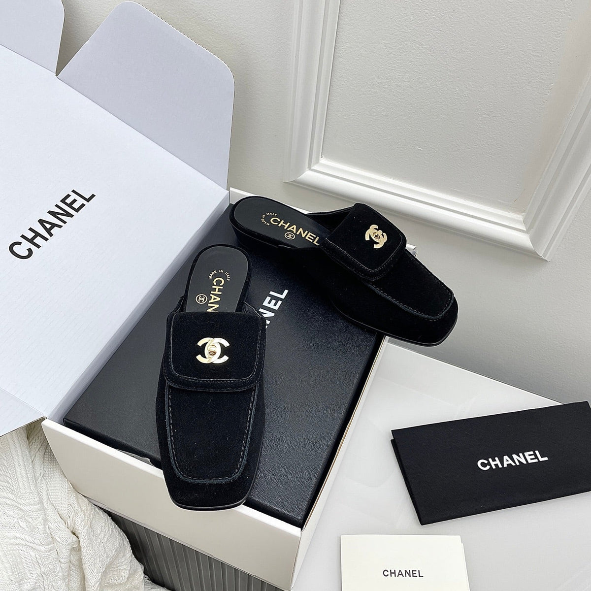 CC Double C Buckle Square Mules Black Suede 726529