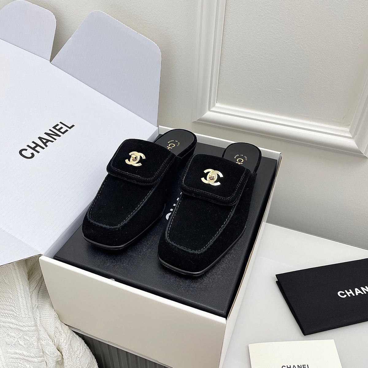 CC Double C Buckle Square Mules Black Suede 726529