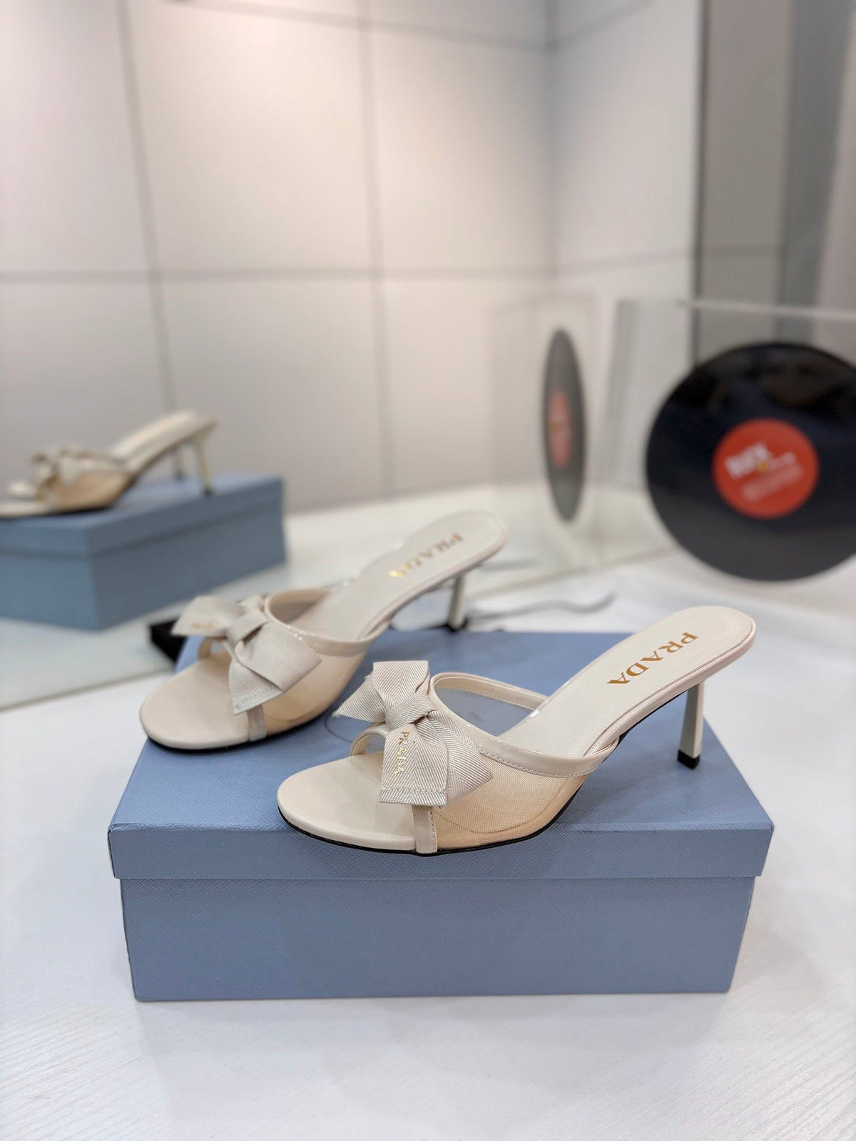 Prada Mesh 7.5cm Beige Fabric Mules 834604