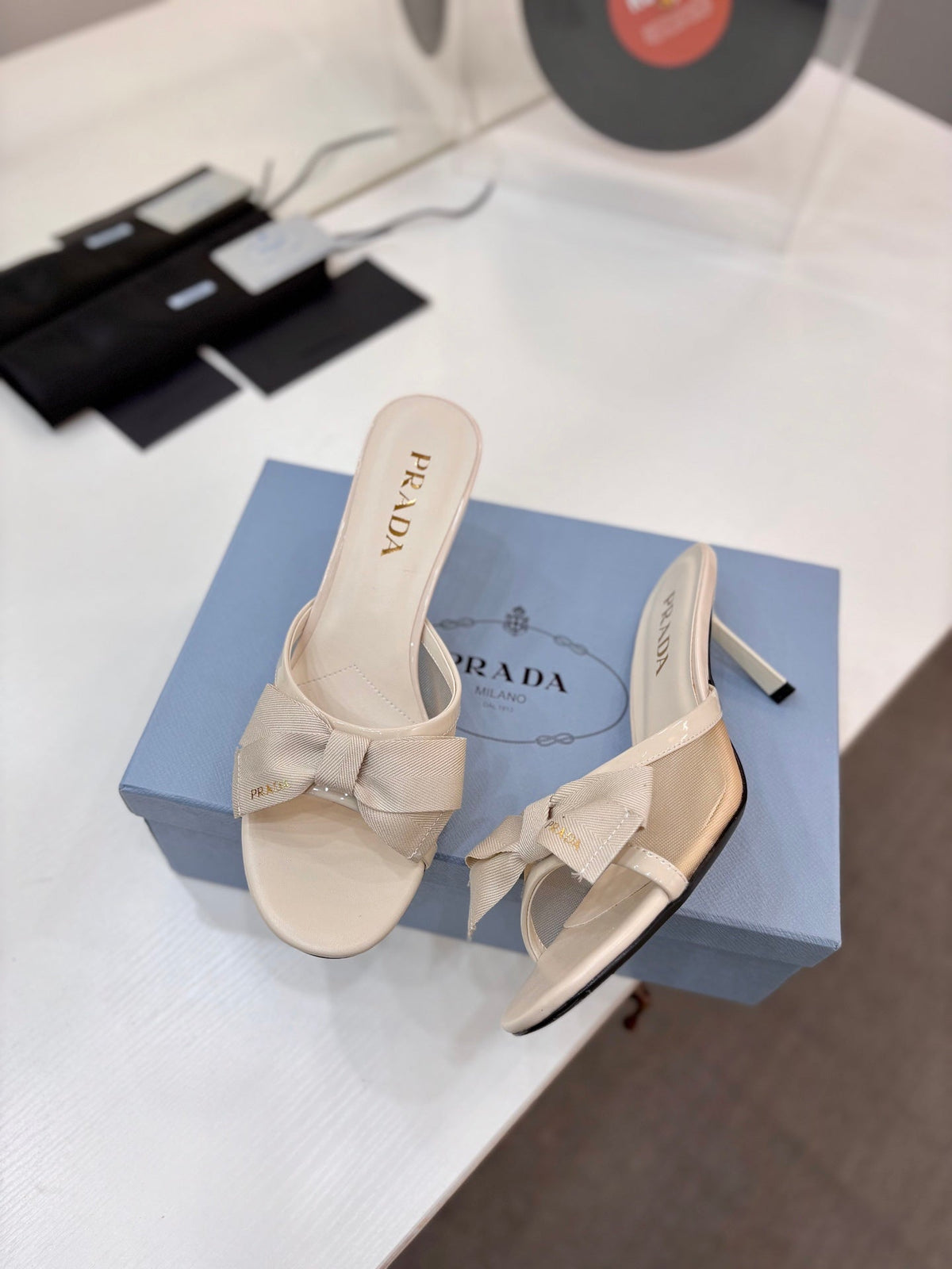 Prada Mesh 7.5cm Beige Fabric Mules 834604
