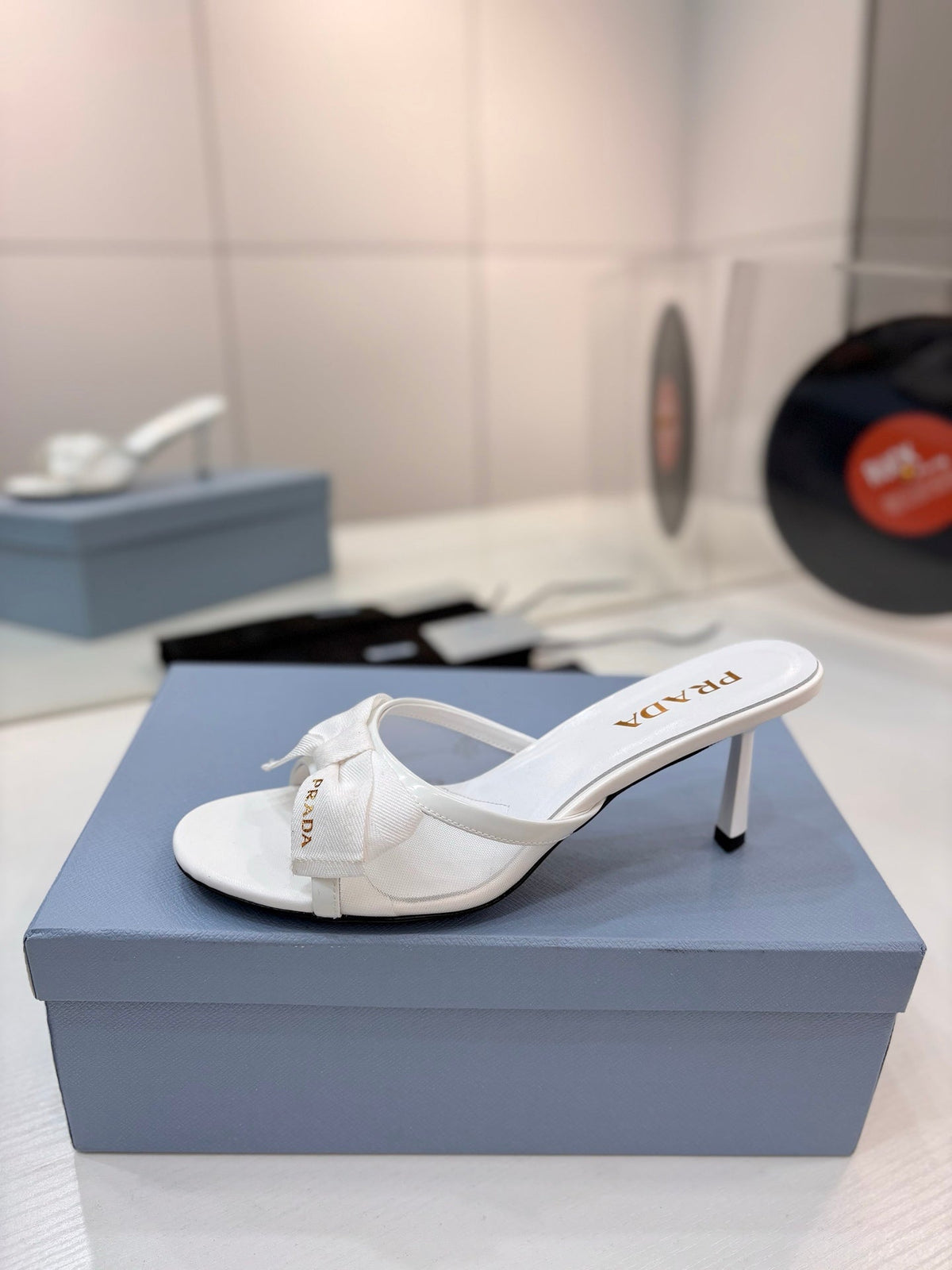 Prada Mesh 7.5cm White Fabric Mules 834605
