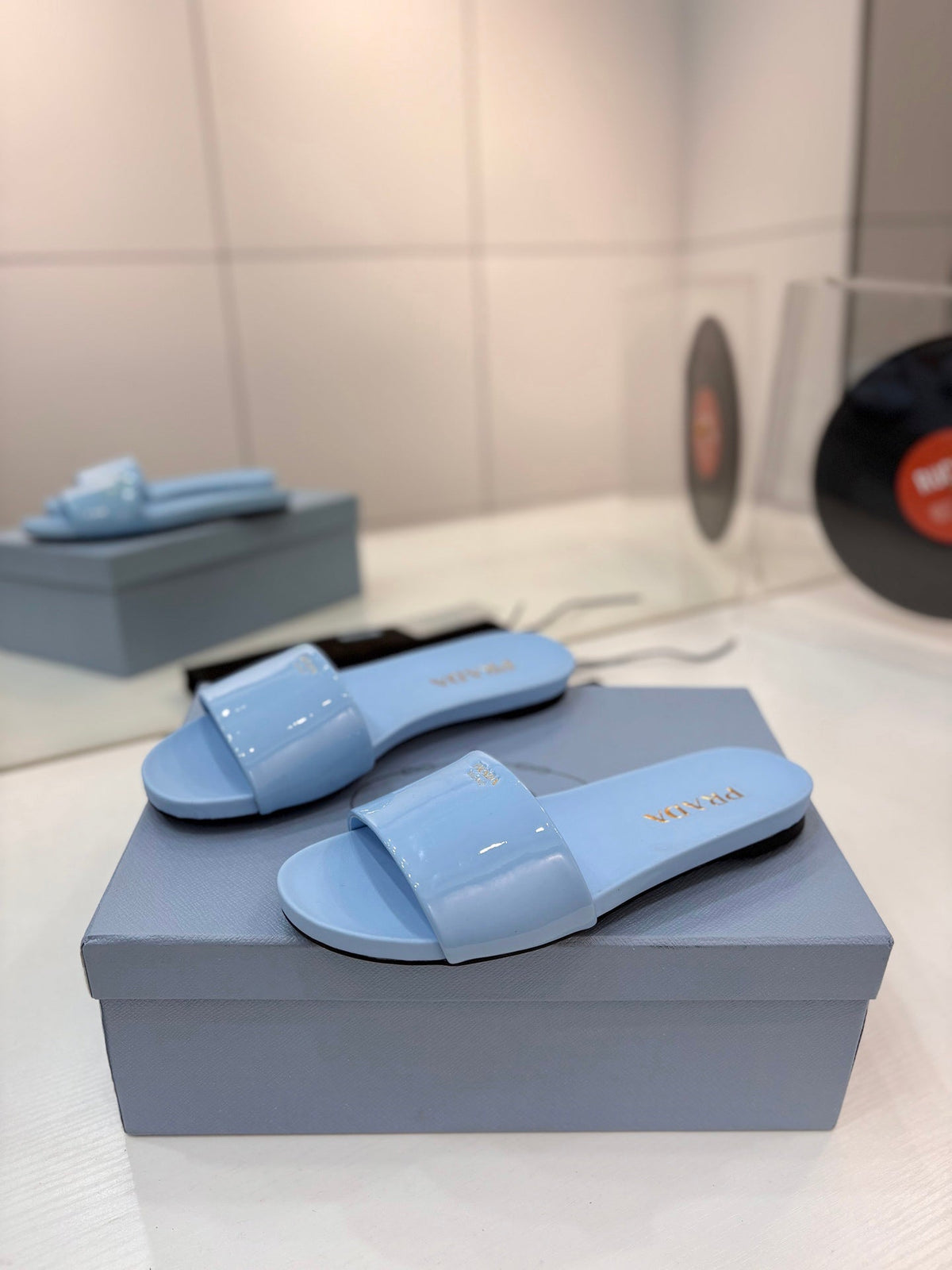 Prada Slides Blue Patent Leather 834593