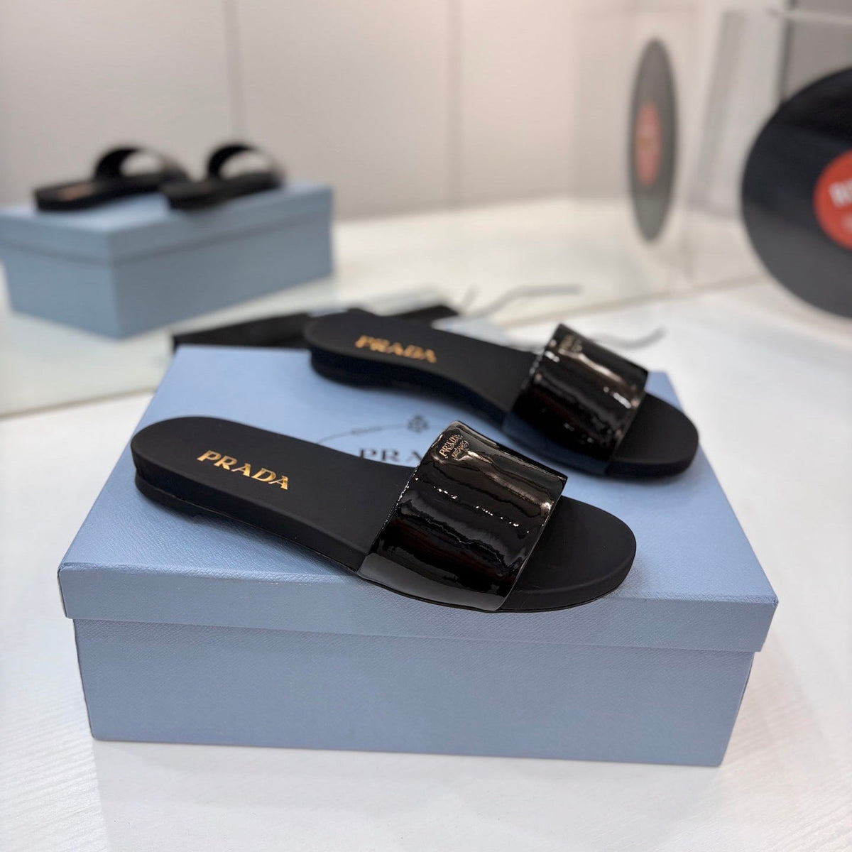 Prada Slides Black Patent Leather 834596